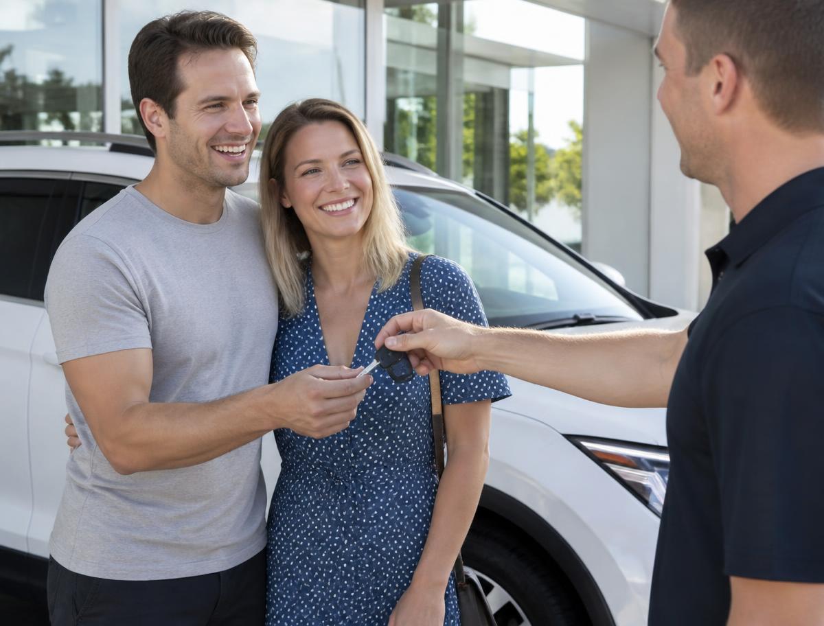 Australian couple smiling as they are handed the keys to their new SUV at a dealership